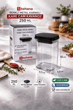 Tohana 250 ML Metal Kapaklı Kare Cam Kavanoz Seti 3'lü – Baharat ve Saklama Kavanozu Takımı