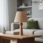 Bej Keten Kumaş Başlıklı Ahşap Abajur