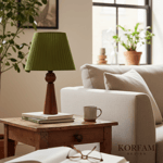 Bordo Keten Kumaş Başlıklı Ahşap Abajur