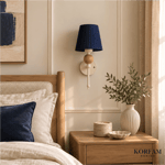 Krem Keten Şerit Kumaş Başlık Ahşap Top Detaylı Kablosuz Pilli Aplik