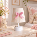 Krem & Pembe Keten Kumaş Kız Çocuk Odası Pilli Masa & Gece Lambası