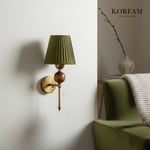 Yeşil Keten Şerit Kumaş Başlık Ahşap Top Detaylı Kablosuz Pilli Aplik