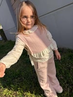 Müslin Yelekli Fırfır Paça Pantalonlu 3'lü Kız Çocuk Alt-Üst Takım