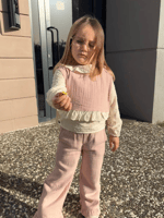 Müslin Yelekli Fırfır Paça Pantalonlu 3'lü Kız Çocuk Alt-Üst Takım
