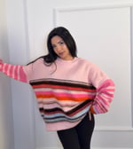 Renk Bloklu Çizgili Oversize Triko Kazak