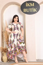 İKM BUTİK Viskon Asimetrik Krem Uğur Böceği Desen Elbise