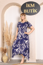 İKM BUTİK Viskon Asimetrik Mor Batik  Desen Elbise