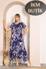 İKM BUTİK Viskon Asimetrik Mor Batik  Desen Elbise