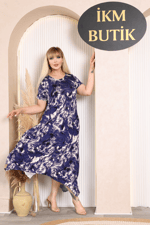 İKM BUTİK Viskon Asimetrik Mor Batik  Desen Elbise