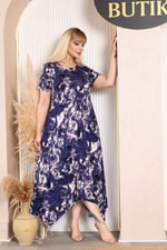 İKM BUTİK Viskon Asimetrik Mor Batik  Desen Elbise