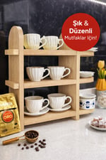 3 Katlı Ahşap Kahve & Fincan Standı | 18 mm Kayın Masif Tezgah Üstü Mutfak Düzenleyici 40×40×13 cm