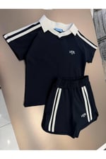 Erkek Çocuk Lacivert Şeritli Polo Yaka Şortlu Takım