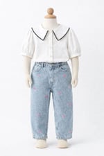 Kız Çocuk Bebe Yaka Bluz ve İşlemeli Jean Kot Pantolon 2'li Takım