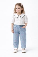 Kız Çocuk Bebe Yaka Bluz ve İşlemeli Jean Kot Pantolon 2'li Takım