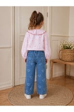 Kız Çocuk Pembe Çizgili Kalp Nakışlı Gömlek ve Kalp Desenli Jean Pantolon Takımı Bayramlık
