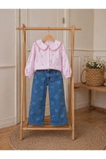 Kız Çocuk Pembe Çizgili Kalp Nakışlı Gömlek ve Kalp Desenli Jean Pantolon Takımı Bayramlık