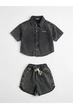 Unisex Antrasit Denim Şortlu Takım