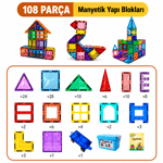 MagBlock 108 Parça Manyetik Yapı Blokları | Tamamı Mıknatıslı |  Saklama Kutulu Manyetik Oyuncak Seti | Eğitici STEM Oyuncağı |  5 Yıl Garanti