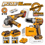 Kömürsüz Li-ion Akülü 2 li Kombo Set - Matkap ve Avuç Taşlama  20V 2.0/4.0 Ah