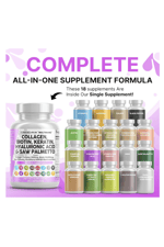Clean Nutraceuticals Collagen 90 Capsul 1000mg Biotin 10000mcg Keratin Saw Palmetto Hyaluronic Acid - Nails Vitamins  DHT Blocker with Vitamin E Folic Acid Pumpkin Seed MSM.