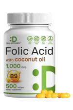 DEAL SUPPLEMENT Folic Acid 1000 mcg (1 mg), 500 Coconut Oil Softgels  Bioavailable Prenatal (Vitamin B9). Usa Menşei.44.
