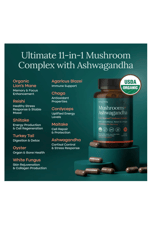 Etta Vita Mushroom+Asvaganda 90 Capsul Lions Mane,Chaga,Reishi,Cordyceps,Turkey Tail 10x Adaptogenic Complex Focus-Energy,Immunity Nootropic.