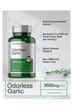 Horbäach Odorless Garlic 200 Softgels 3600mg  Ultra Potent Garlic Extract  Non-GMO & Gluten Free.