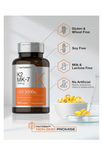 Horbaach Vitamin D3 K2 5000 iu  100mcg MK-7 Complex  180 Softgel.Abd Menşei.