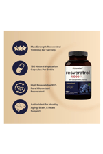 NatureBell Resveratrol 1000mg  180 Veggie Capsules, 99% Pure Trans-Resveratrol 56.
