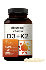 NatureBell Vitamin D3 5,000 IU + K2 100 mcg, 240 Softgels  Daily 2-in-1 Formula with Virgin Coconut Oil  Bone, Heart & Immune Support  MK-7 Form.49.