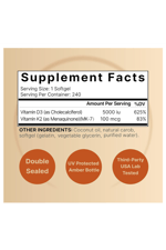NatureBell Vitamin D3 5,000 IU + K2 100 mcg, 240 Softgels  Daily 2-in-1 Formula with Virgin Coconut Oil  Bone, Heart & Immune Support  MK-7 Form.49.
