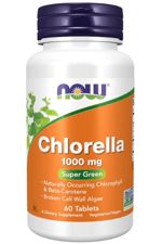 NOW Foods Chlorella 1000 mg naturally Chlorophyll, Beta-Carotene, mixed Carotenoids, Vitamin C, Iron and Protein, 60 Tablets.