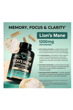 NUTRAHARMONY  Organic Lions Mane - Made in USA 1200 mg Memory & Focus Support  120 Capsules.