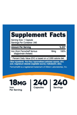 Nutricost Chelated Iron (from Ferrochel) 18mg, 240 Capsul.Orıjınal Resmi Firma Ürünü.40.