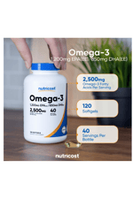 Nutricost Omega 3 Fish Oil - 2500MG, 120 Softgels (40 Serv) - Fish Oil, Wild Caught! 1200mg EPA 850mg DHA - Non-GMO, Gluten Free.