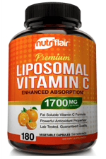 NutriFlair Liposomal Vitamin C 1700mg, 180 Capsul - High Absorption, Fat Soluble VIT C, Antioxidant, Higher Bioavailability Immune System Support & Collagen Booster.