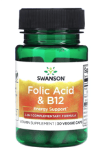 Swanson, Folic Acid (Özelsporcugıdaları) B12, 30 Veggie Capsul.Abd Menşei.