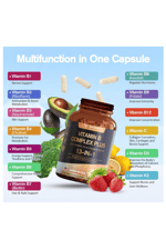 Totaria Healt B Complex Plus with Vitamin B1, B2, B3 (Niacinamide), B4, B5, B6, B7 (Biotin), B8 (Inositol), B9 (Folate), B12, C, D3, K2 - Energy, Nerve, Immune, Skin Support - 120 Vegan Capsules.Abd Menşei.