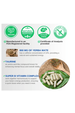 VINATURA Yerba Mate, Taurine - 1400mg - Natural Caffeine & Energy  Enhanced Vitamın B Complex - 60 Capsul.52.