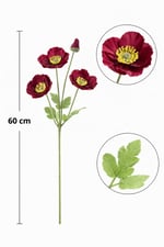 2 Adet 60 cm Yapay Bordo Gelincik Dalı – 3 Çiçekli Gerçek Dokulu Dekoratif Çiçek | Bordo Ton