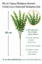 85 cm Yapay Yeşil Okaliptus Demeti – 5 Dallı Uzun Dekoratif Okaliptus Dalı