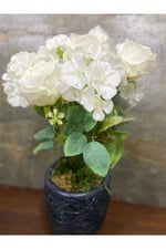 Beyaz Yapay Gül & Ortanca Demeti – 40 cm | 5 Gül 4 Ortanca
