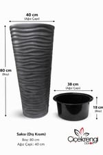 Kumsal Yer Vazosu Saksı Antrasit 80 cm 18.7 Litre İç Hazneli Büyük Boy Dekoratif Saksı