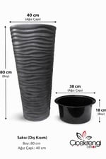 Kumsal Yer Vazosu Saksı Antrasit 80 cm 18.7 Litre İç Hazneli Büyük Boy Dekoratif Saksı