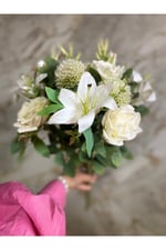 Premium Beyaz Zambak & Gül Yapay Çiçek Buketi 55 cm | Gerçekçi Görünüm Deko