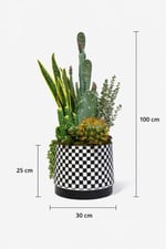 Premium Dekoratif Yapay Kaktüs Aranjmanı – 100 cm Büyük Boy Kaktüs Saksı Modern Kareli Metal Saksı
