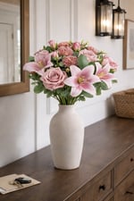 Premium Yapay Pembe Lilyum & Gül Buketi 55 cm – Gerçek Dokulu Şık Dekoratif Çiçek Aranjmanı