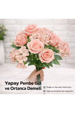 Yapay Pembe Gül ve Ortanca Demeti Saksı İçi Aranjman – Dekoratif Pudra Pembe Yapay Çiçek Buketi