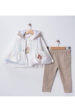 ev şişirme oyuncaklı kapşonlu yelekli gabardin pantalonlu 3 lü takım