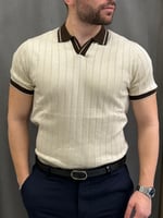 Polo Yaka Pamuklu Kahve Yaka Krem Triko Tişört